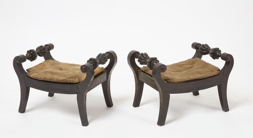 Colonial Anglo-Indian Market Pair of Carved Ebony Wood Regency Foot Stools
