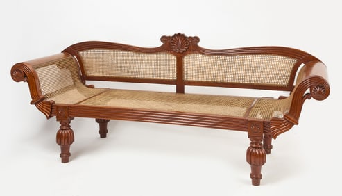 Colonial Anglo-Indian Market Carved Teak Wood and Rattan Neoclassical Settee