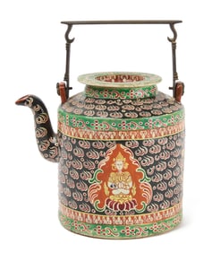 Large Bencharong Porcelain Cylindrical Teapot with Overglaze Enamel Decoration