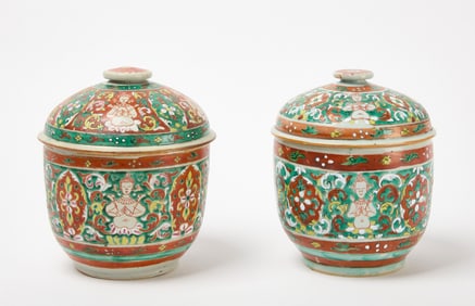 Two Large Bencharong Porcelain Covered Jars