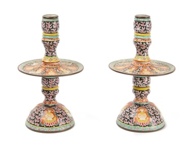 Very Rare Bencharong Porcelain Mid-Drip Candlesticks