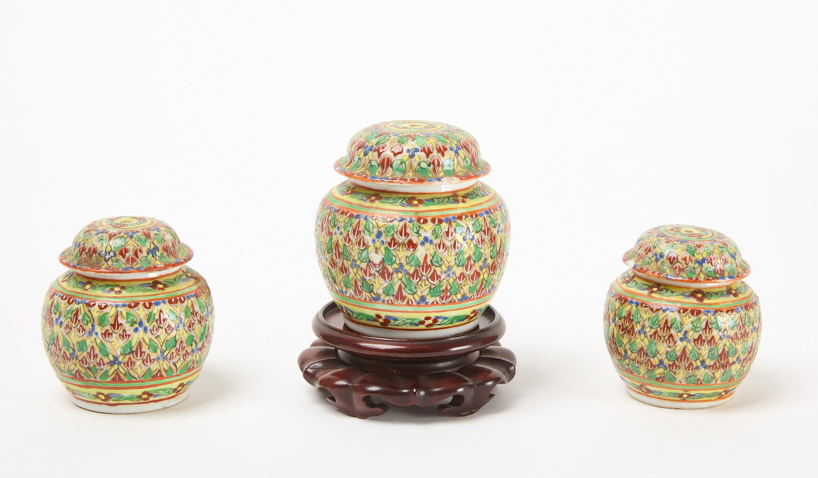 Three Bencharong Porcelain Lai Nam Thong  Covered Jarlets (1 of 7)