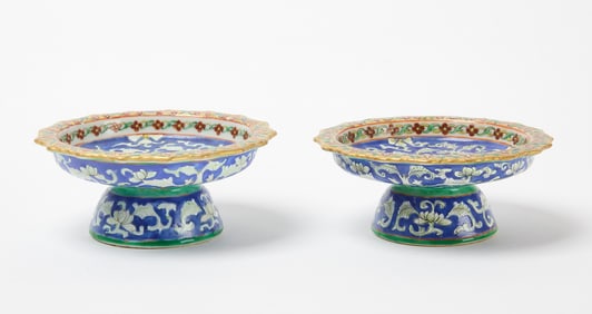 A Pair of Bencharong Porcelain Lai Nam Thong Stem Plates