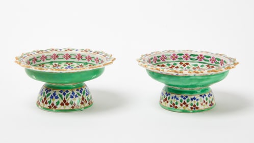 Two Bencharong Lai Nam Thong Porcelain Stem Plates