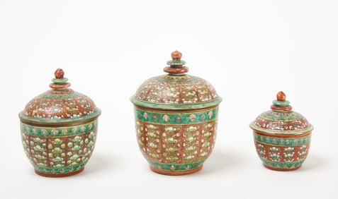 Three Bencharong Porcelain Covered Bowls