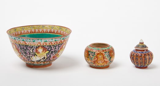 A Bencharong Miniature Cosmetic Container, Jarlet, and Bowl