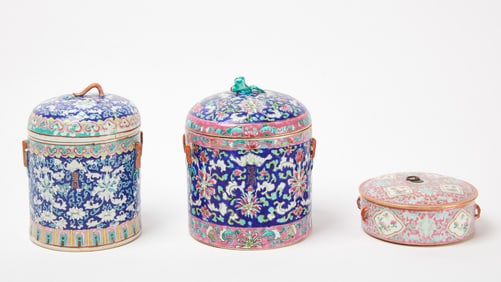 Two Straits Chinese Nyonya Porcelain Covered Jars and Bowl