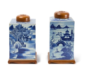 Two Tall Rectangular White Porcelain Tea Canisters