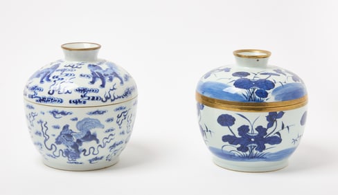 Two Blue and White Covered Bowls