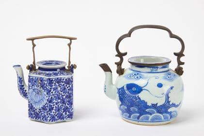 Two Brass-Mounted Blue and White Porcelain Teapots
