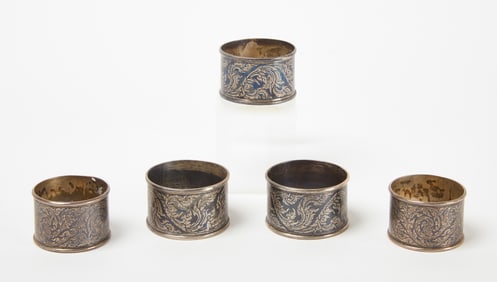 Five Siam (Thai) Niello Silver Napkin Rings