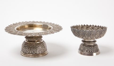 Siam (Thai) Silver Footed Offering Tray and Silver Pedestal Tray