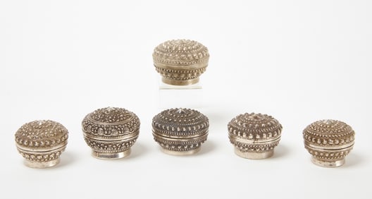 Six Siam (Thai) Silver Betel Nut Boxes