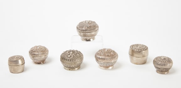 Seven Siam (Thai) Silver Covered Round Boxes