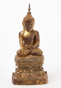 A Shan Burmese Carved Gilt-Wood Inlaid Mica Brown Lacquered Sculpture of the Seated Buddha