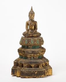 Ayutthaya Style Carved Gilt-wood, Lacquer, and Inlaid Glass Sculpture of the Seated Buddha