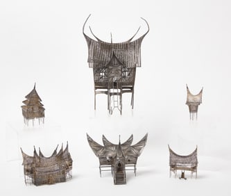 Six Dutch East Indies Minangkabau Filigree Silver Models of Sumatran Houses