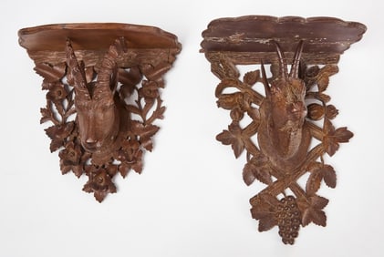 Two Black Forest Carved Wall Shelves with Chamois Goats