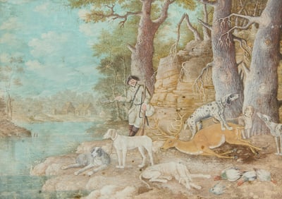 Watercolor of Hunter and Dogs by Riverbank