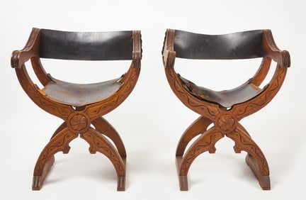 Pair of Spanish Wood and Leather Armchairs