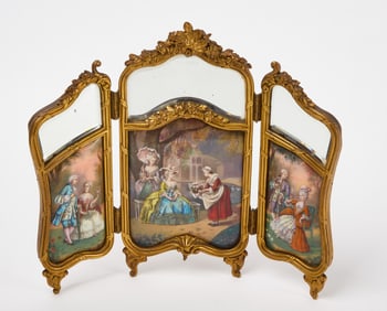 Three Part Gilded Bronze and Porcelain Mirror