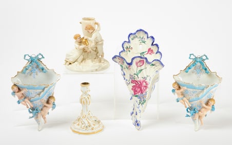 Three Porcelain Wall Pockets with Vase and Candlestick