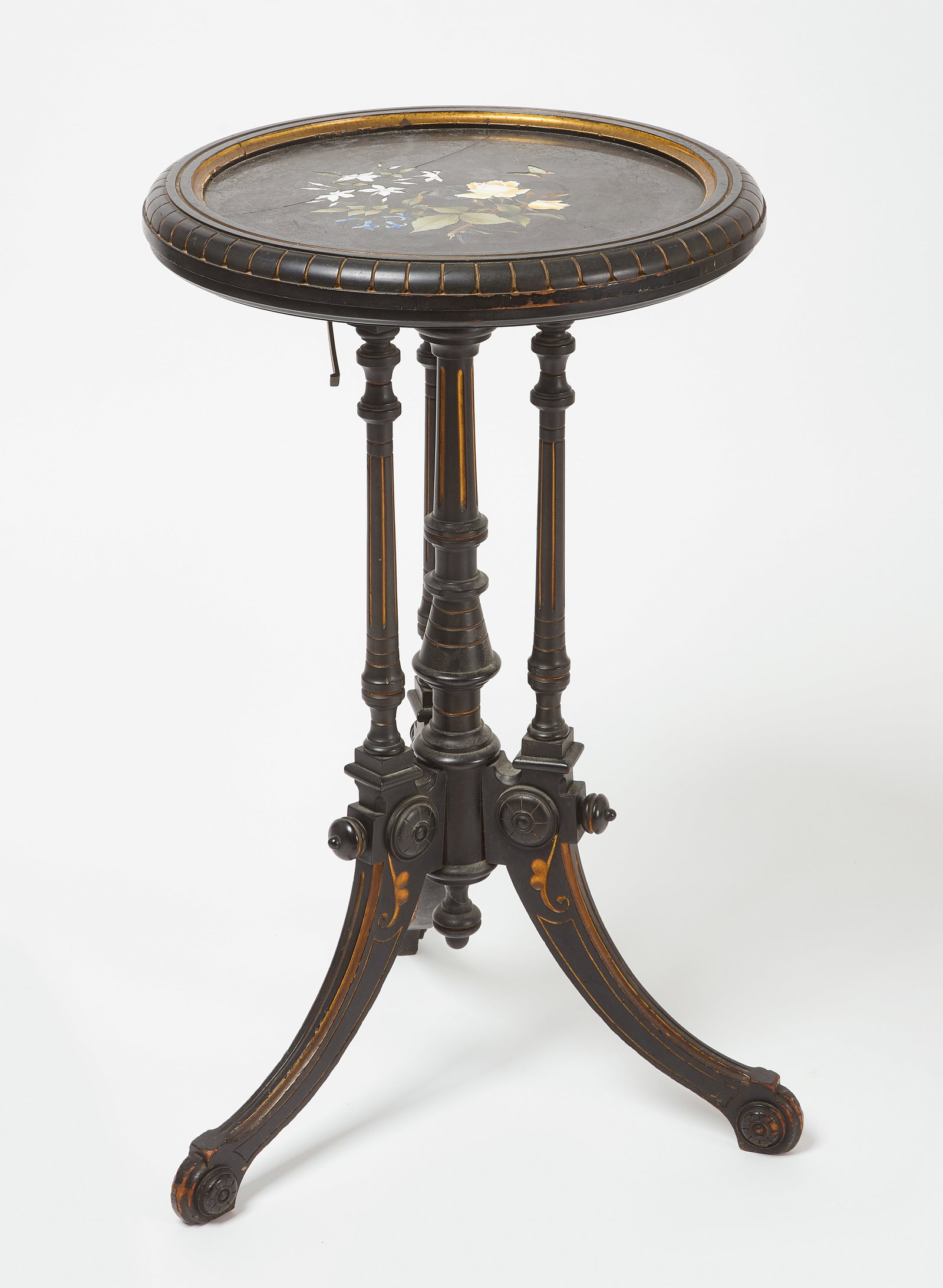 Side Table with Pietra Dura Top and Ebonized Wood Base: Side table with pietra dura top and ebonized wood base. Italian, 19th century. H 30" D 17-1/2". Condiiton: Minor imperfections. Link to high-res images: https://www.dropbox.com/scl/fo/j9nh40