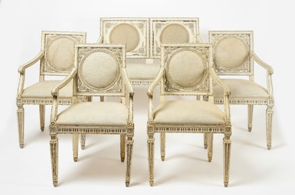 Set of Four French Provincial Chairs with Bench