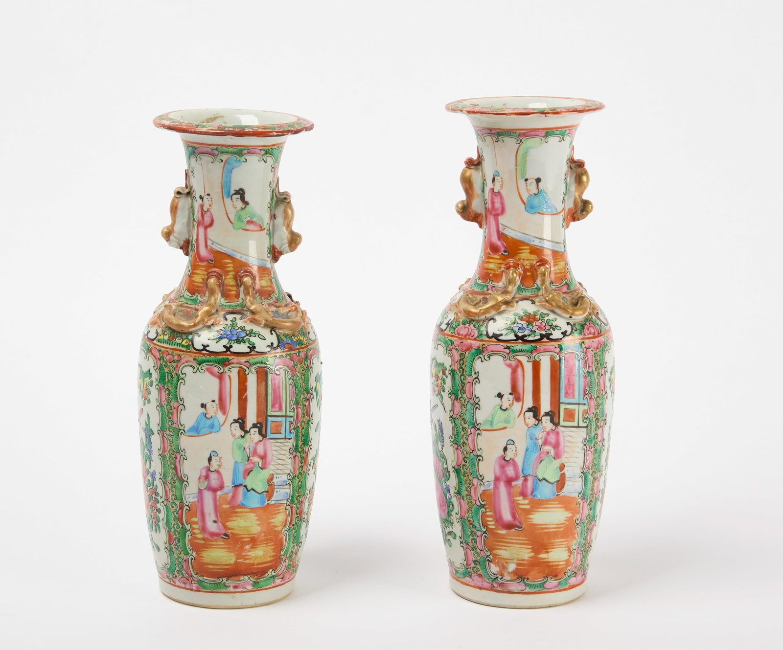 Pair of Chinese Vases:  Pair of Chinese vases. Porcelain, 19th century. H 12". Condition: One with one small chip repair to underside of rim. Link to high-res images: https://www.dropbox.com/scl/fo/hnko877apv
