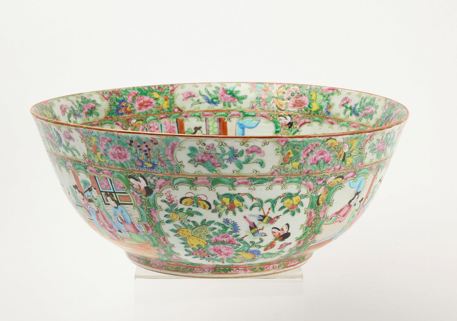 Large Rose Medallion Porcelain Bowl: Large rose medallion bowl. Chinese. 19th century. D 16-3/8" H 6-3/4". Condition: Minor surface imperfections. No damage or restoration noted. Link to hi-res images: https://www.dropbox.com/s