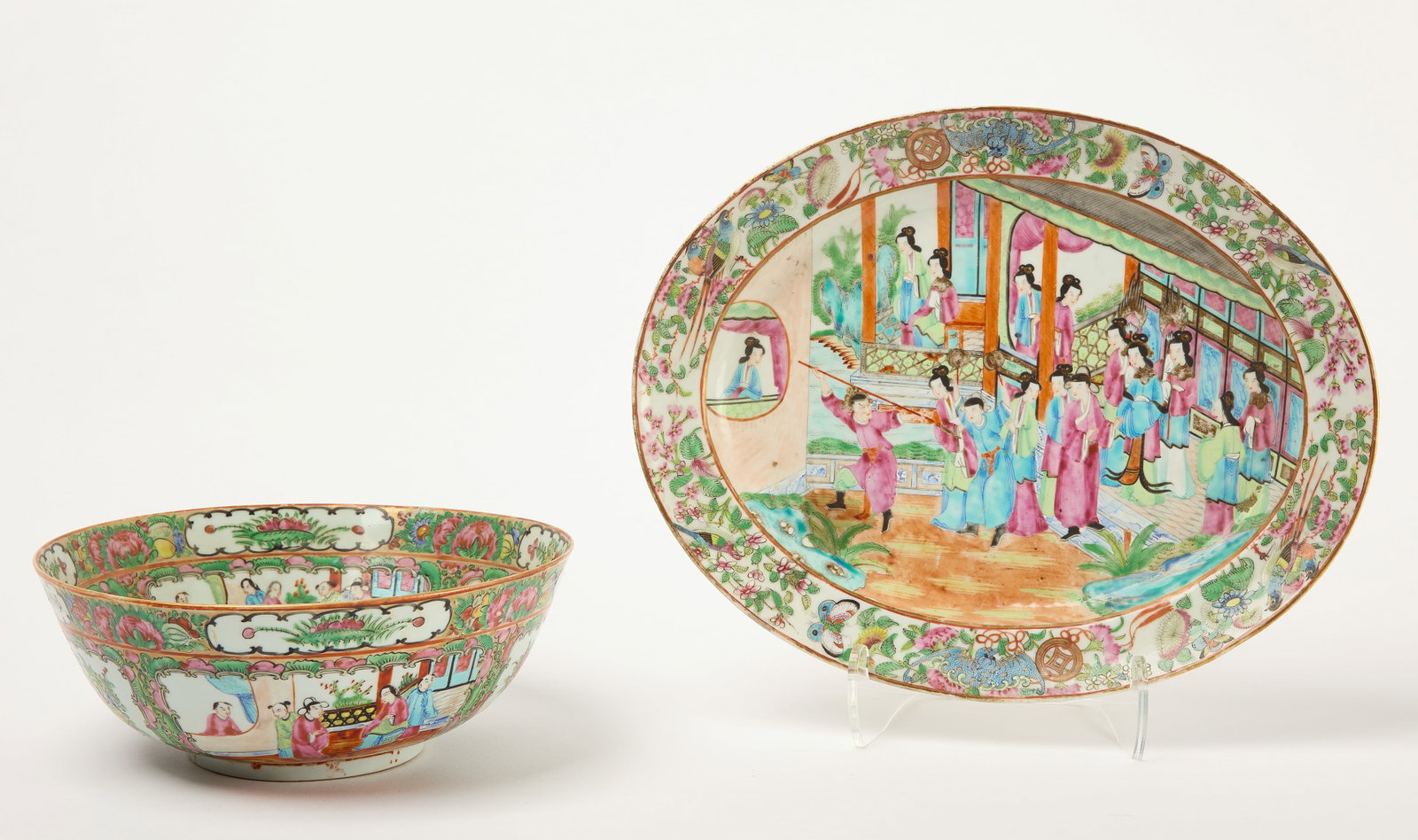 Rose Medallion Bowl and Platter: Rose Medallion porcelain bowl and platter. 19th century. Bowl: H 3-3/4" D 10". Platter: L 14" W 11-1/8". Condition: No damage noted. Link to high-res images: https://www.dropbox.co