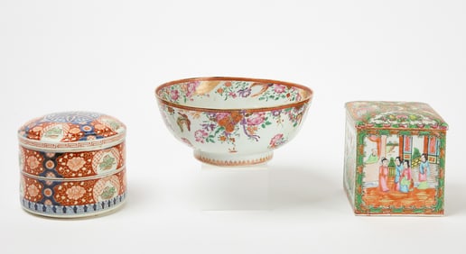 Rose Medallion Bowl, Covered Box and Chinese Three-Part Covered Bowl
