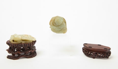 Two  Carved Jade Figures With Wooden Bases