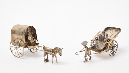 Chinese Export Silver Rickshaw and Covered Wagon