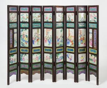 Chinese Folding Screen with Porcelain Panels