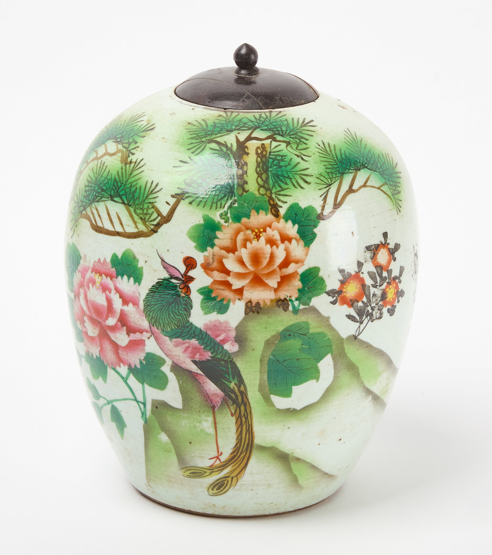 Chinese Porcelain Ginger Jar: Porcelain lidded ginger jar with wooden lid. Painted caligraphy, bird, and chrysanthemum flowers in a landscape. Chinese, 19th century. H 11-1/2". Condition: Repairs to wooden lid. Very small rim