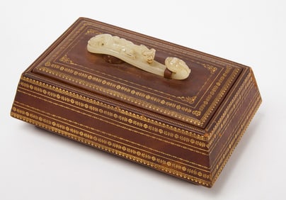 Tooled Leatherette Wooden Box With Jade Handle