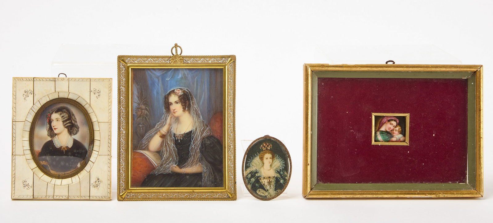 Four Early European Portraits: Four early European portraits to include: an oval portrait on bone of 'Caterina de Medici' (Queen of France), a miniature rectangular portrait on porcelain of a lady embracing a child, an oval