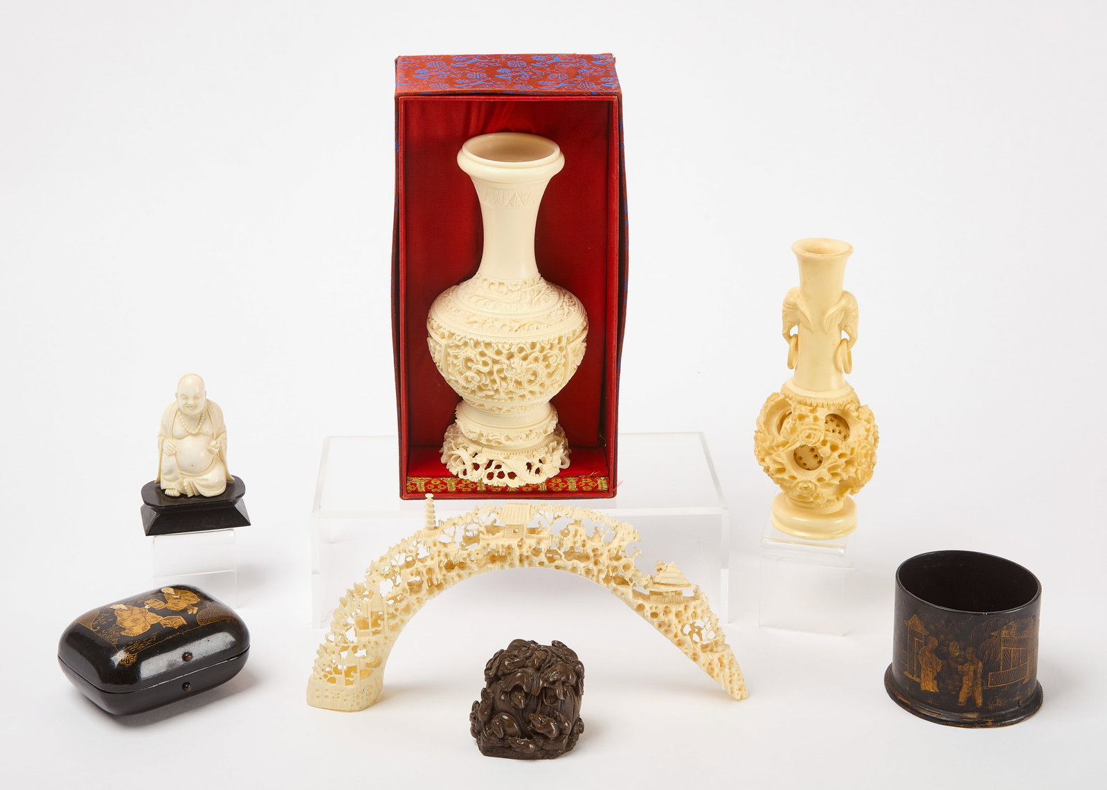 Group of Chinese Items: Group of Chinese items including several carved bone pieces, two lacquer items, and a small bronze figure of rats around a piece of fruit. Smallest: H 2" W 2-1/2" D 2" Largest: H 8"