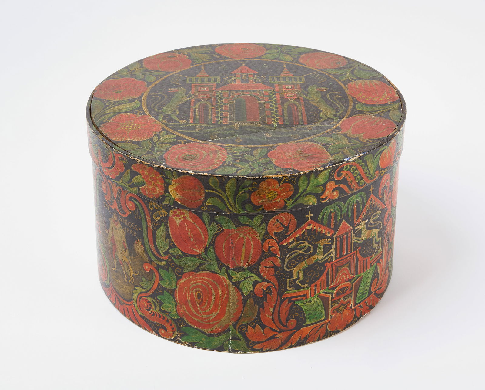 Paint Decorated Box: Paint decorated box. 'Der Schloss Herr' painted near a man and his castle. H 8-5/8" D 15". Condition: Losses to surface especially along the edges. Link to hi-r