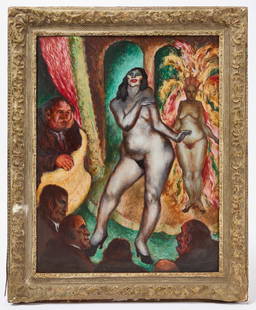 J. D. Stull – Showgirls: John DeForest Stull (1910 –1972). Vibrant painting of a nude showgirl dancing as onlookers watch. Oil on panel. Unsigned. American, 20th century. An art director for Norcross Greeting