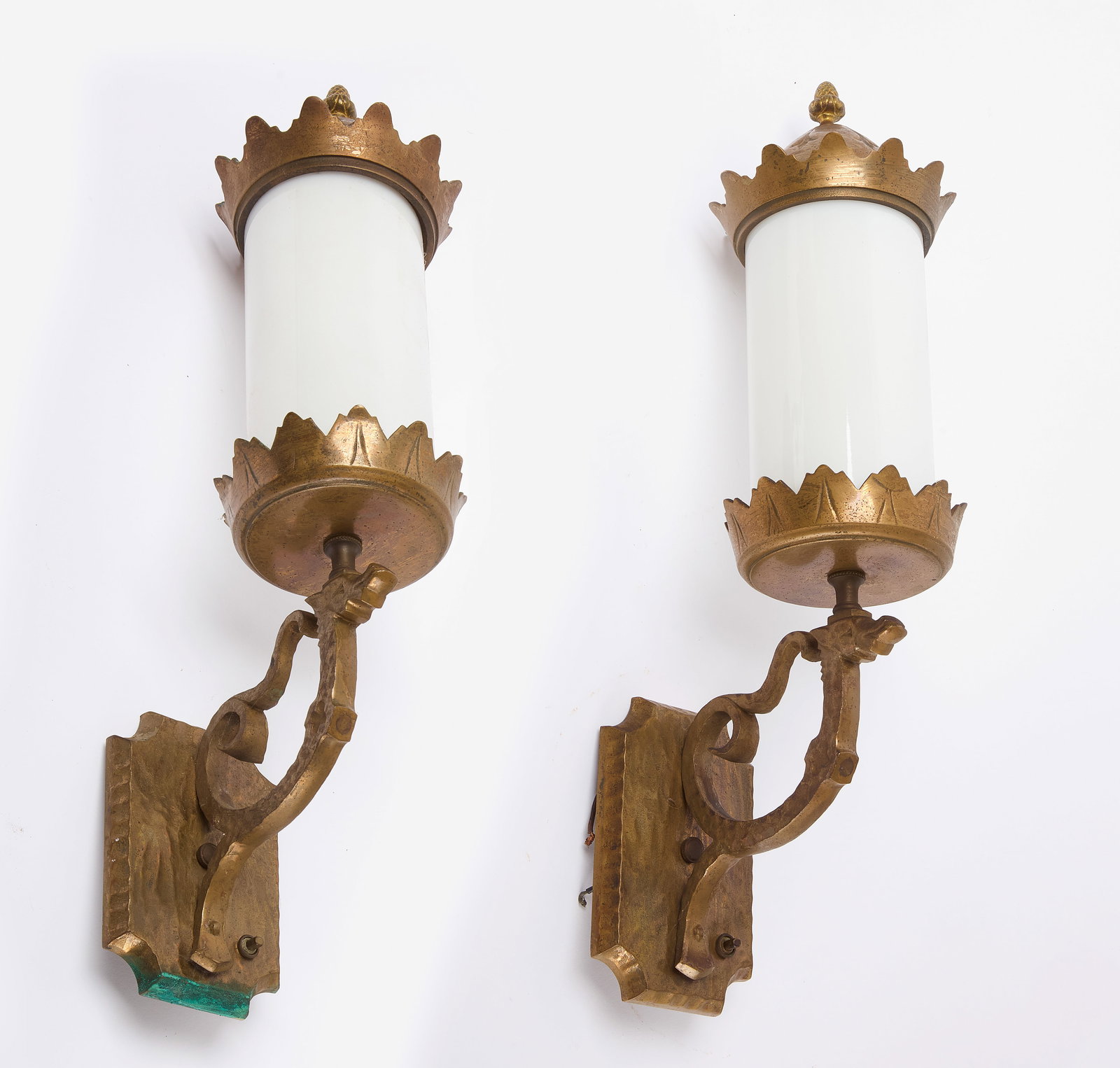Pair of Arts and Crafts Lighting Fixtures: Pair of arts and crafts lighting fixtures. Bronze with glass shades. Circa 1920. H 22 in. D 9 in. Condition: Rewiring needed. Link to high-res images: https://www.dropbox.com/scl/fo/hl0ijgq