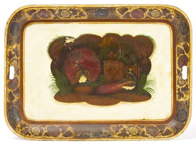Tin Toleware Serving Tray with Painted Mourning Scene