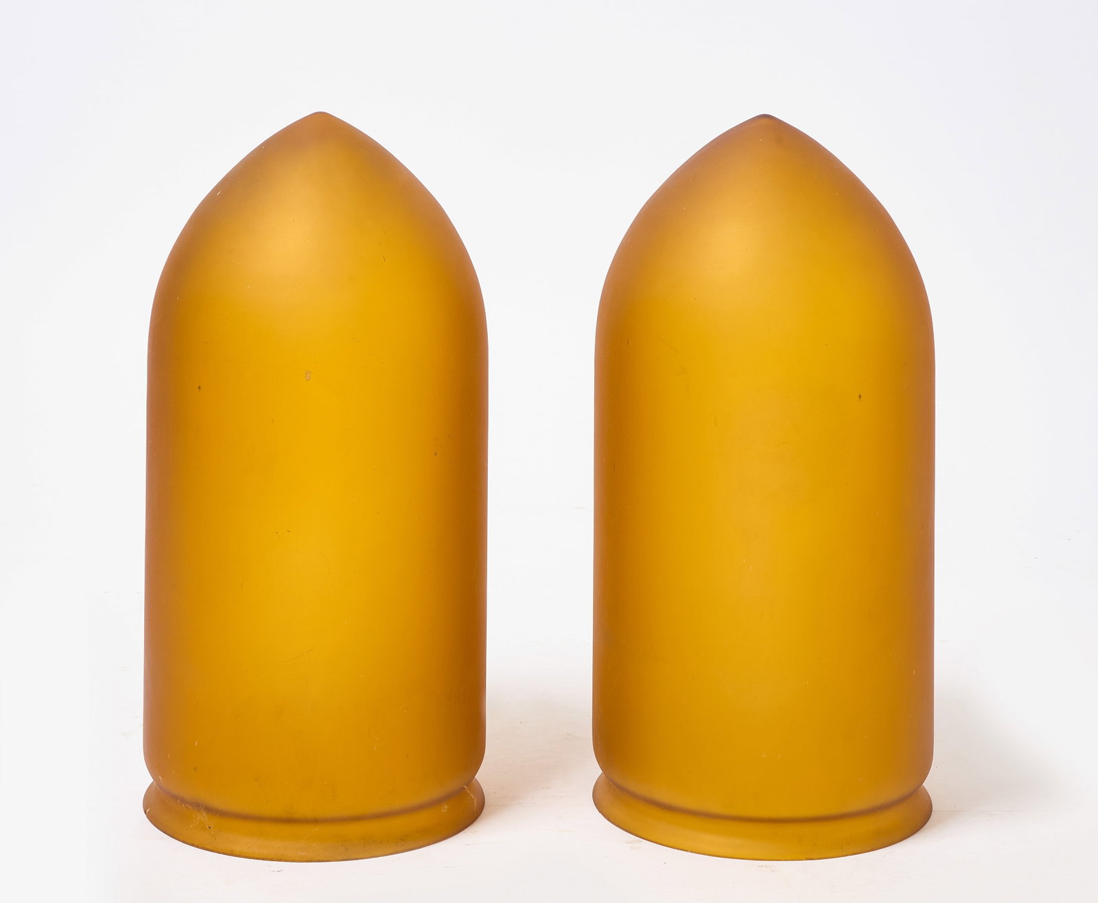 Pair of Orange Lamp Globes: Pair of orange glass lamp cylinder globes. H 20 in. D (opening) 10 in. Condition: No damage noted. Link for high-res images: https://www.dropbox.com/scl/fo/xqqesjov6t0d5llz9gg3p/A