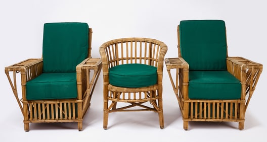 Pair of Rattan Lounge Chairs and Single Round Back Chair