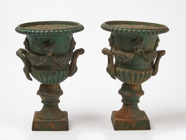 Pair of Green Painted Miniature Urns