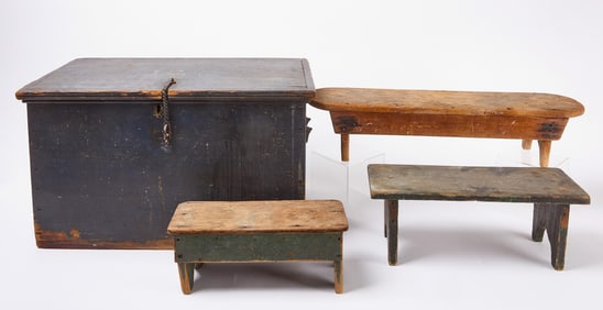 Three Wooden Stools and Lidded Chest