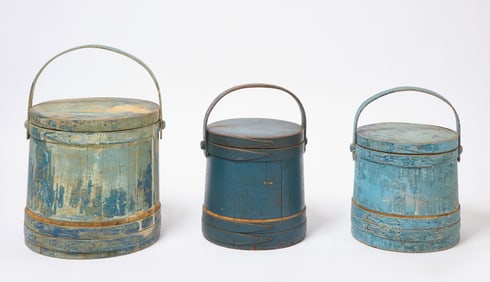 Three Blue Painted Firkins