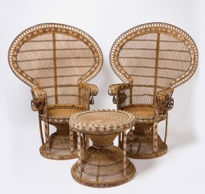 Two Wicker Peacock Chairs and Side Table