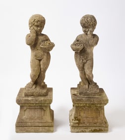 Pair of Children Garden Sculptures on Plinths
